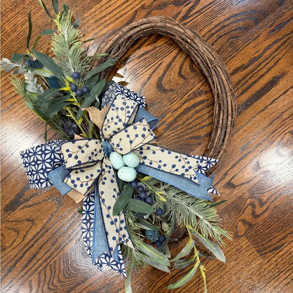 Blue & Natural Grapevine Wreath with Patterned Bow
